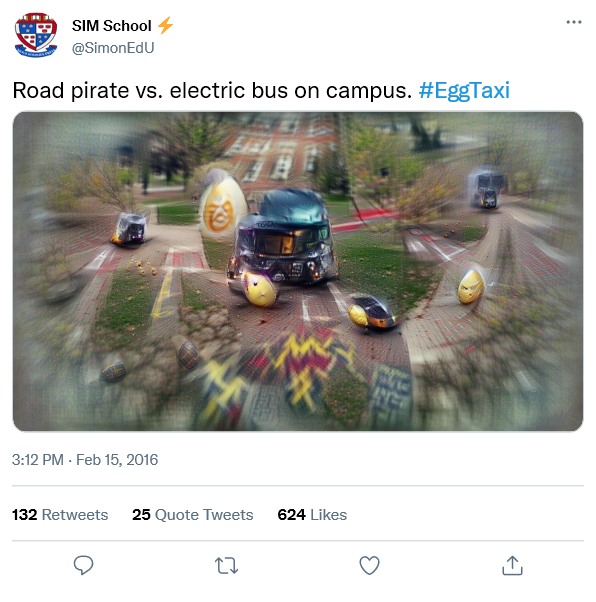A mockup of the above tweet, with an AI-generated impression containing both egg- and bus-like shapes in front of a vaguely campus-like setting with greenery and a building-like structure in the background.
