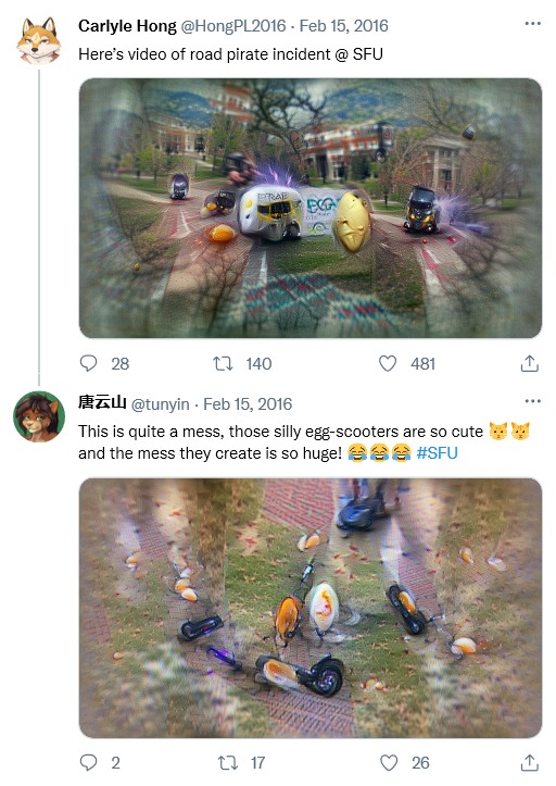 A mockup of the above two tweets, the first one showing a similar image as in the picture above, the other one showing vague remains of both eggs and a scooter lying around on ground.