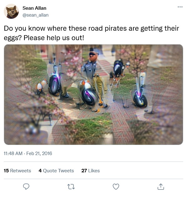 A mockup of the above tweet, with an AI-generated impression containing a figure vaguely resembling a policeman and some vague egg- and scooter-like shapes.